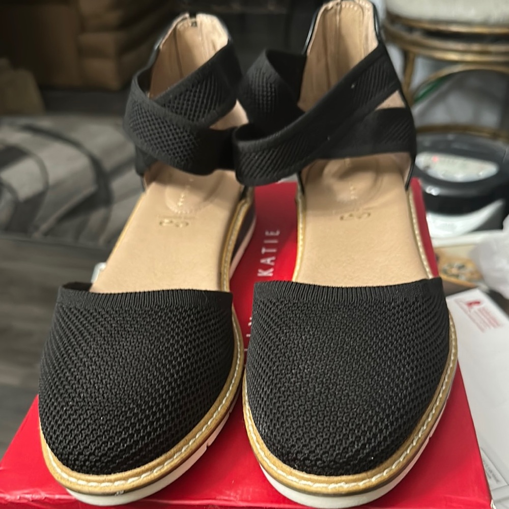 Kelly & Katie Black Textured Flats with Ankle Strap
